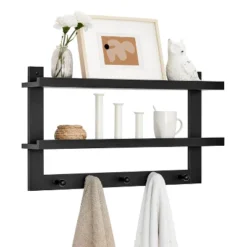 29" X 16" 2 Tier Ledge Wall Shelf Organizer With Five Hanging Hooks Black - Danya B. -Decora Shop GUEST 04cdb312 1b8b 4796 bcc6 f6276f129058