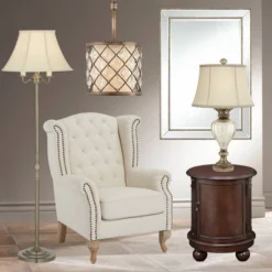 Regency Hill Montebello Vintage Retro Floor Lamp Standing 59" Tall Antique Brass Metal Soft Tan Bell Shade For Living Room Bedroom Office House Home -Decora Shop GUEST 06185be0 25a1 436e b382 1727f641f1f5