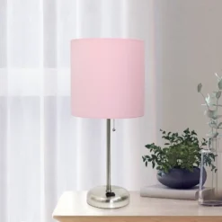 19.5" Bedside Power Outlet Base Metal Table Desk Lamp Brushed Steel With Fabric Shade Light Pink - Creekwood Home -Decora Shop GUEST 0aee9e33 024f 44e8 bd49 79c3e2f2d69e