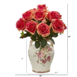 Nearly Natural 16-in Rose Artificial Arrangement In Flower Print Jar -Decora Shop GUEST 134a4fbc 8e6e 4e30 ac56 fbd2384abe5b