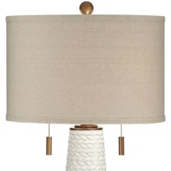 Possini Euro Design Kingston Modern Mid Century Table Lamp 32 3/4" Tall White Grooved Patterned Ceramic Taupe Drum Shade For Bedroom Living Room House -Decora Shop GUEST 15d26357 aafb 47a0 8f9a 2fff0faebb83