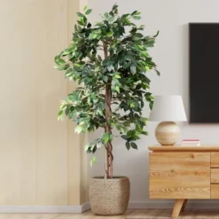 Forever Leaf 72" Artificial Ficus Silk Tree In Black Pot, Indoor Artificial Plant For Home Decor