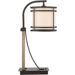 Franklin Iron Works Gentry Industrial Desk Lamp 22" High Oil Rubbed Bronze Faux Wood Cage With USB And AC Power Outlet In Base Oatmeal Shade For Desk -Decora Shop GUEST 19ef54f6 fb9e 4496 a088 ce71f4fcce3f