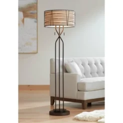Franklin Iron Works Marlowe Rustic Farmhouse Floor Lamp 60 1/2" Tall Bronze Metal Oster Woven Burlap Fabric Inner Drum Shade For Living Room Bedroom -Decora Shop GUEST 1b2da5dc 31f2 4c69 938d e0e47ef394d9
