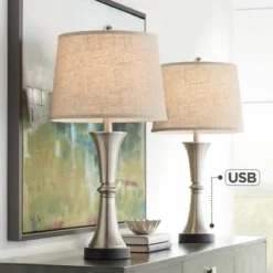 360 Lighting Seymore Modern Table Lamps 26" High Set Of 2 With USB Port Silver LED Touch On Off Burlap Linen Drum Shade For Bedroom Living Room Desk