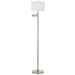360 Lighting Modern Swing Arm Floor Lamp 60.5" Tall Brushed Nickel White Horizontal Pleated Drum Shade For Living Room Reading Bedroom Office