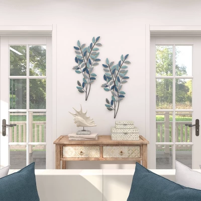 Metal Leaf Wall Decor With Gold Accent Blue - Olivia & May 3 Metal Leaf Wall Decor With Gold Accent Blue - Olivia & May - Image 3