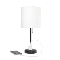 19.5" Bedside Power Outlet Base Metal Table Desk Lamp In Black With White Fabric Shade - Creekwood Home -Decora Shop GUEST 315b936a 2023 4ad7 adbc 83f83884b2a0