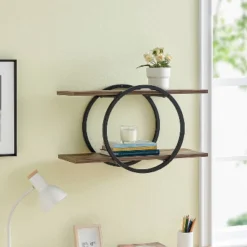 2-Tier Antigua Crossed Double Circle Wall Shelf Unit Black/Rustic - Danya B.