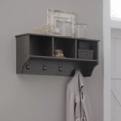 Woodbury Wall Shelf With Cubbies And Hooks Woodgrain - RiverRidge Home
