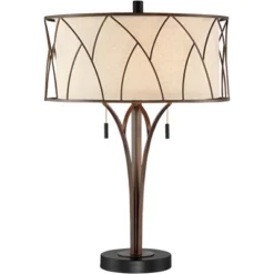 Franklin Iron Works Sydney Modern Mid Century Table Lamp 26" High Bronze With USB Charging Port Oatmeal Drum Shade For Bedroom Living Room Office Desk -Decora Shop GUEST 630484dd 654c 4936 875a fd7139348fd1