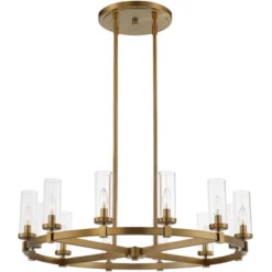 Stiffel Aron Brass Gold Wagon Wheel Chandelier 36" Wide Modern Clear Glass Shade 12-Light Fixture For Dining Room House Foyer Kitchen Island Entryway -Decora Shop GUEST 63075344 5a7a 4d76 8c1b 31cf985ef9db