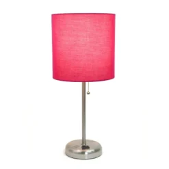 19.5" Bedside Power Outlet Base Metal Table Desk Lamp Brushed Steel With Fabric Shade Pink - Creekwood Home