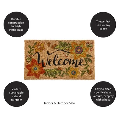 Evergreenful Floral Welcome Indoor Outdoor Natural Coir Doormat 1'4"x2'4" Orange 2 Evergreenful Floral Welcome Indoor Outdoor Natural Coir Doormat 1'4"x2'4" Orange - Image 2