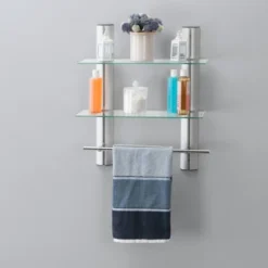 7" X 20" 2 Tier Adjustable Glass Shelf With Towel Bar Wall Shelf - Danya B.