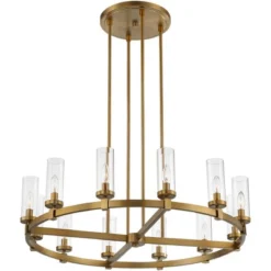 Stiffel Aron Brass Gold Wagon Wheel Chandelier 36" Wide Modern Clear Glass Shade 12-Light Fixture For Dining Room House Foyer Kitchen Island Entryway -Decora Shop GUEST 8b93172a 7885 4bd3 b114 fdcfe1bcfe18