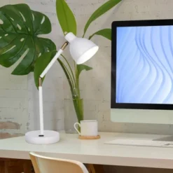 23" Mid-Century Adjustable Metal Desk Lamp With Power Outlet White - Cresswell Lighting -Decora Shop GUEST 8da6f77c 301a 4782 9eb2 776da314fe30