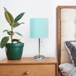 19.5" Bedside USB Port Feature Metal Table Desk Lamp Brushed Steel With Aqua Blue Fabric Shade - Creekwood Home -Decora Shop GUEST 97aac017 e9b6 4a66 b0ac 0ed0f6523b3c