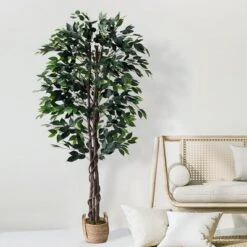 Forever Leaf 72" Artificial Ficus Silk Tree In Wicker Basket, Indoor Artificial Plant For Home Decor