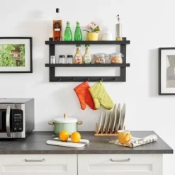 29" X 16" 2 Tier Ledge Wall Shelf Organizer With Five Hanging Hooks Black - Danya B. -Decora Shop GUEST bf17a7c3 0fca 4935 88e4 cf9478f9858d