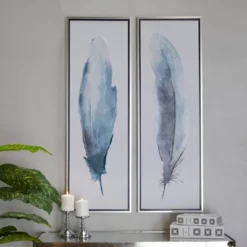 Set Of 2 Canvas Bird Feathers Framed Wall Arts With Silver Frames Blue - Olivia & May
