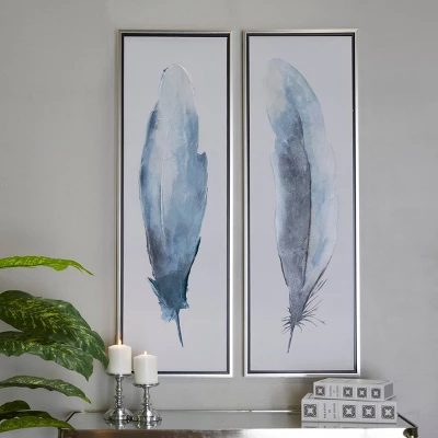 Set Of 2 Canvas Bird Feathers Framed Wall Arts With Silver Frames Blue - Olivia & May 1 Set Of 2 Canvas Bird Feathers Framed Wall Arts With Silver Frames Blue - Olivia & May
