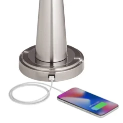 360 Lighting Karla Art Deco Style Table Lamps 25" High Set Of 2 Brushed Nickel With USB Charging Port And Table Top Dimmers White Fabric Drum For Desk -Decora Shop GUEST c260550a 1212 48ce 8e3a 12942738bf95