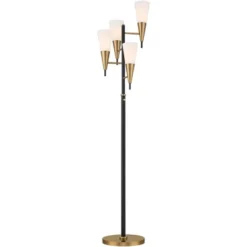 Possini Euro Design Quatro Mid Century Modern Tree Floor Lamp 71" Tall Black Gold Metal 4 Light Frosted Glass Cone Shade For Living Room Bedroom House -Decora Shop GUEST cf13b0f8 cfb6 4df7 90c4 f481aedbc918