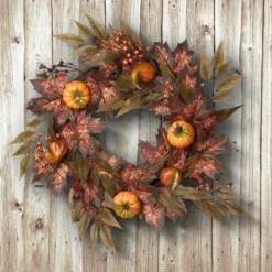 National Tree Company Artificial Autumn Wreath, Decorated With Pumpkins, Berry Clusters, Ivy, Maple Leaves, Autumn Collection, 24 In