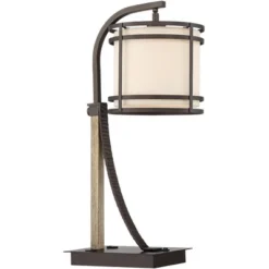Franklin Iron Works Gentry Industrial Desk Lamp 22" High Oil Rubbed Bronze Faux Wood Cage With USB And AC Power Outlet In Base Oatmeal Shade For Desk -Decora Shop GUEST e3cef309 c454 45d6 a010 6a10c5bf9fcd
