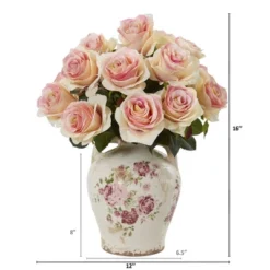 Nearly Natural 16-in Rose Artificial Arrangement In Flower Print Jar