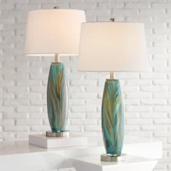 360 Lighting Azure Modern Table Lamps 29 1/2" Tall Set Of 2 Blue Brown Art Glass White Fabric Drum Shade For Bedroom Living Room Bedside Nightstand
