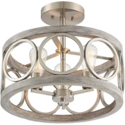 Franklin Iron Works Salima Rustic Farmhouse Ceiling Light Semi Flush Mount 16" Wide Brushed Nickel Gray Wood 3-Light LED For Bedroom Living Room House -Decora Shop GUEST e8f1a24c c873 4c89 b19a 1b0b92e4175c