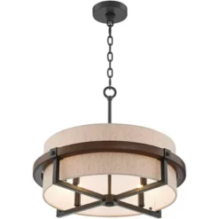 Possini Euro Design Bronze Wood Finish Pendant Chandelier 22" Wide Rustic Farmhouse Tan Fabric Drum 4-Light Fixture For Dining Room House -Decora Shop GUEST f0d0f05a 32c1 47ab a51c ccb88a583cb8