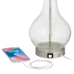 360 Lighting Modern Accent Table Lamps 21.75" High Set Of 2 With USB Charging Port Clear Glass Blue Drum Shade For Living Room Desk Bedroom Office -Decora Shop GUEST f6595bd8 793b 43e3 bb52 bb51684af625