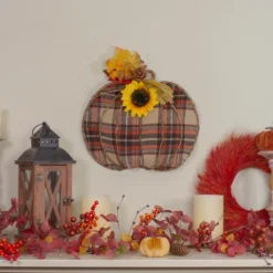 Northlight 14" Orange And Brown Plaid Fall Harvest Pumpkin Wall Decor