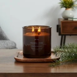 23oz XL 3-Wick Fennel + Pine Wooden Amber Glass With Wood Lid And Stamped Logo Amber Candle - Threshold™